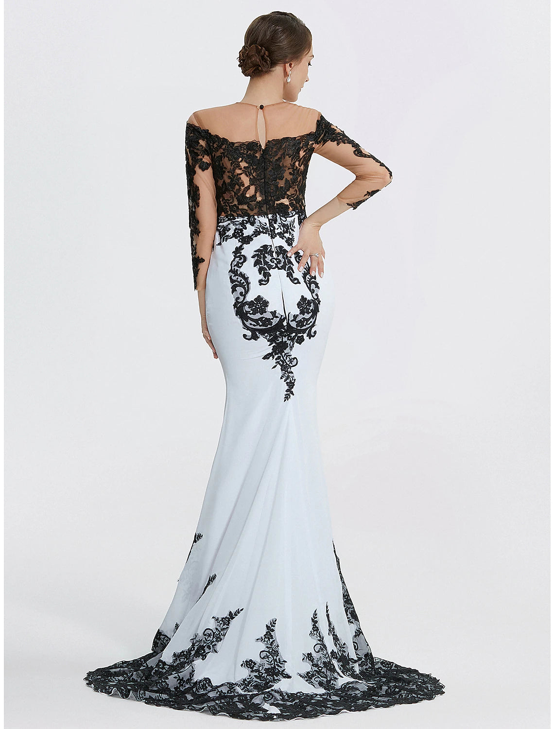 Meerjungfrau-Abendkleid, elegantes schwarzes Kleid, Maskerade, schwarze Krawatte, Farbblock, Sweep/Pinselzug, lange Ärmel, Rundhalsausschnitt, Chiffon mit Applikationen